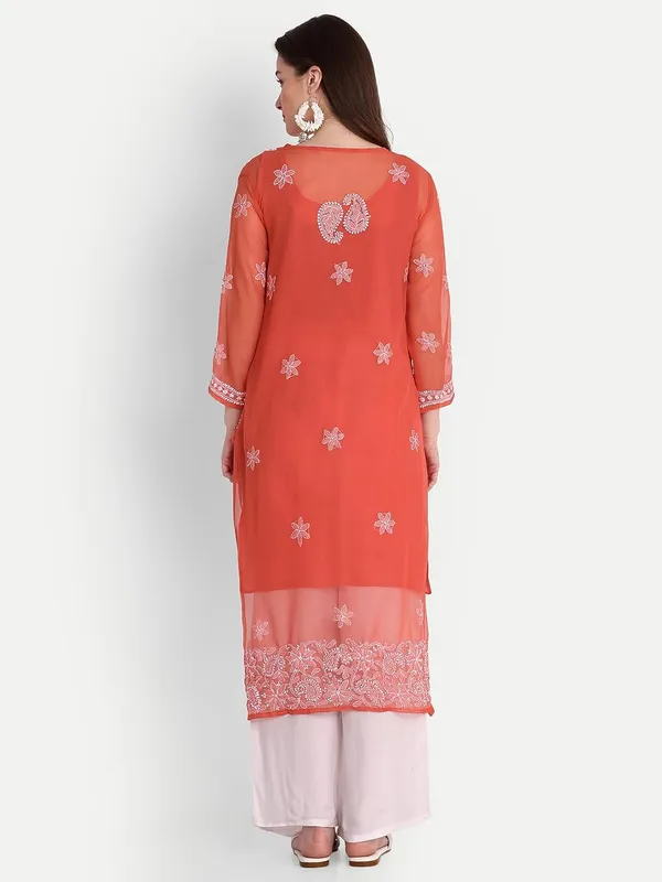 Ruby_Red_Lucknow_Chikankari_Hand_Embroidered_Kurta_With_Matching_Slip_Georgette