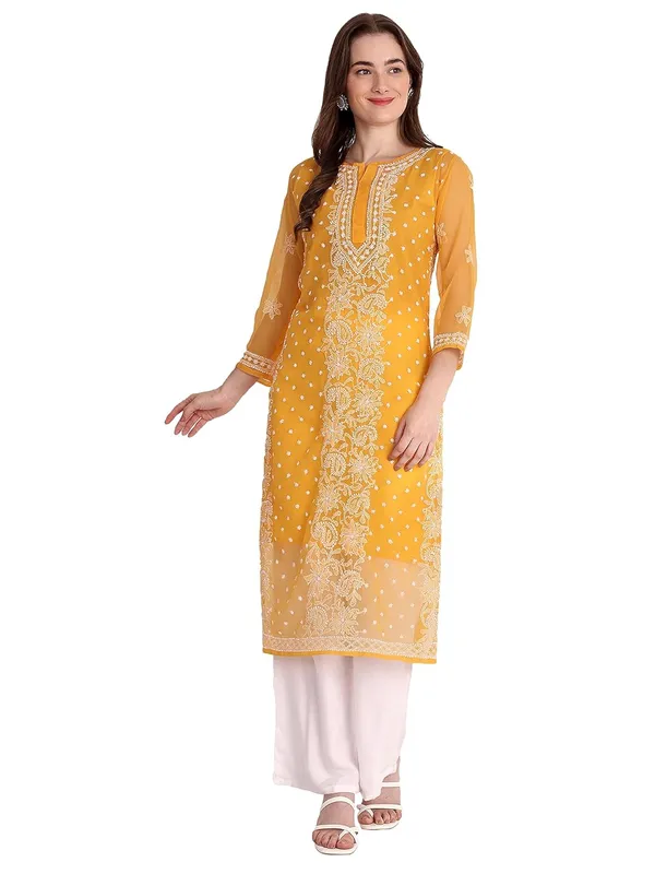 Mustard_Lucknow_Chikankari_Hand_Embroidered_Kurta_With_Matching_Slip_Georgette