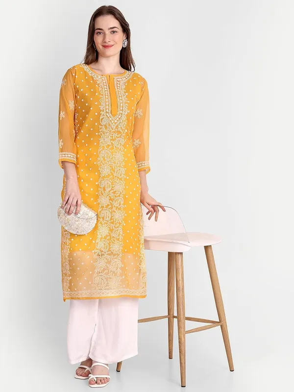 Mustard_Lucknow_Chikankari_Hand_Embroidered_Kurta_With_Matching_Slip_Georgette