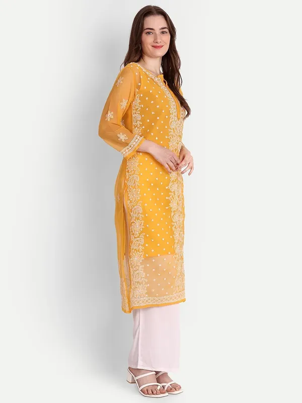 Mustard_Lucknow_Chikankari_Hand_Embroidered_Kurta_With_Matching_Slip_Georgette