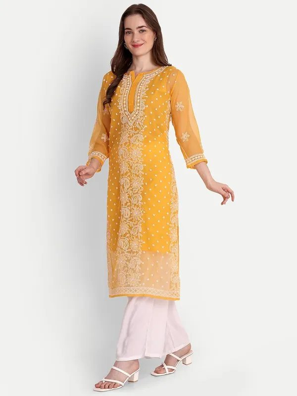 Mustard_Lucknow_Chikankari_Hand_Embroidered_Kurta_With_Matching_Slip_Georgette