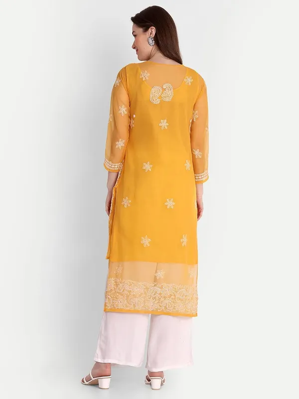 Mustard_Lucknow_Chikankari_Hand_Embroidered_Kurta_With_Matching_Slip_Georgette
