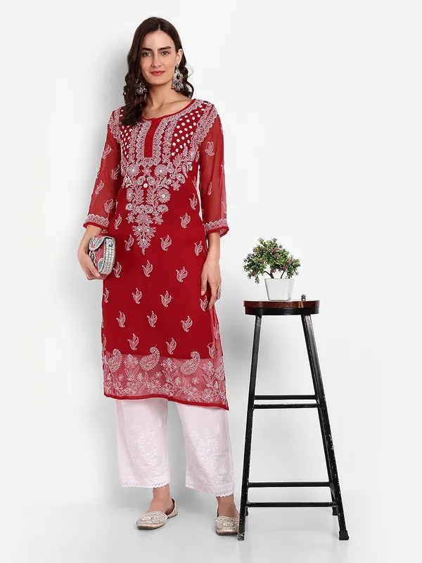 Maroon_Lucknow_Chikankari_Hand_Embroidered_Georgette_Kurta_With_Matching_Slip/Inner_Women_Georgette