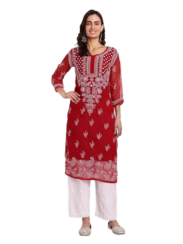 Maroon_Lucknow_Chikankari_Hand_Embroidered_Georgette_Kurta_With_Matching_Slip/Inner_Women_Georgette