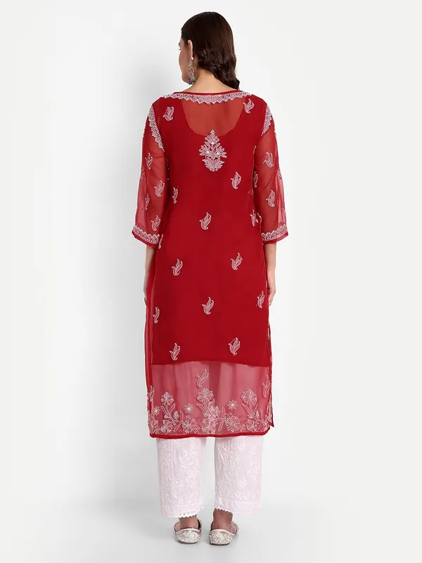 Maroon_Lucknow_Chikankari_Hand_Embroidered_Georgette_Kurta_With_Matching_Slip/Inner_Women_Georgette