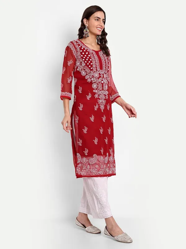 Maroon_Lucknow_Chikankari_Hand_Embroidered_Georgette_Kurta_With_Matching_Slip/Inner_Women_Georgette