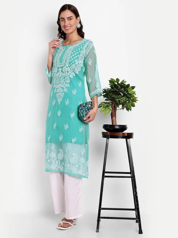 Sky_Blue_Lucknow_Chikankari_Hand_Embroidered_Georgette_Kurta_With_Matching_Slip/Inner_Women_Georgette
