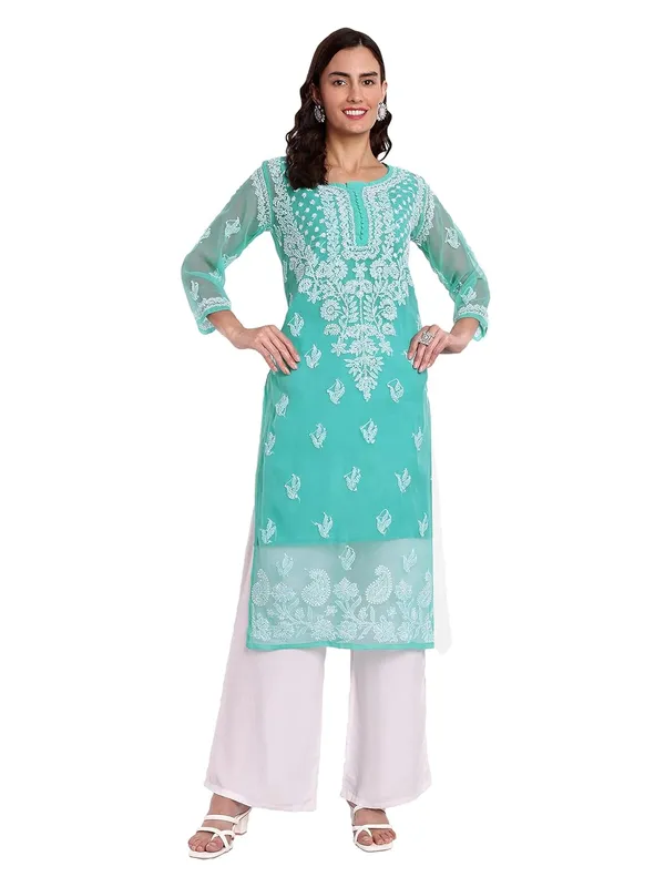 Sky_Blue_Lucknow_Chikankari_Hand_Embroidered_Georgette_Kurta_With_Matching_Slip/Inner_Women_Georgette