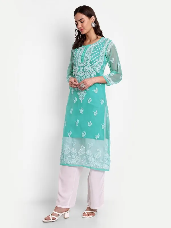Sky_Blue_Lucknow_Chikankari_Hand_Embroidered_Georgette_Kurta_With_Matching_Slip/Inner_Women_Georgette