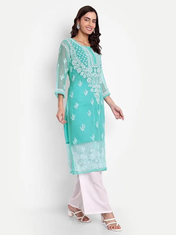 Sky_Blue_Lucknow_Chikankari_Hand_Embroidered_Georgette_Kurta_With_Matching_Slip/Inner_Women_Georgette