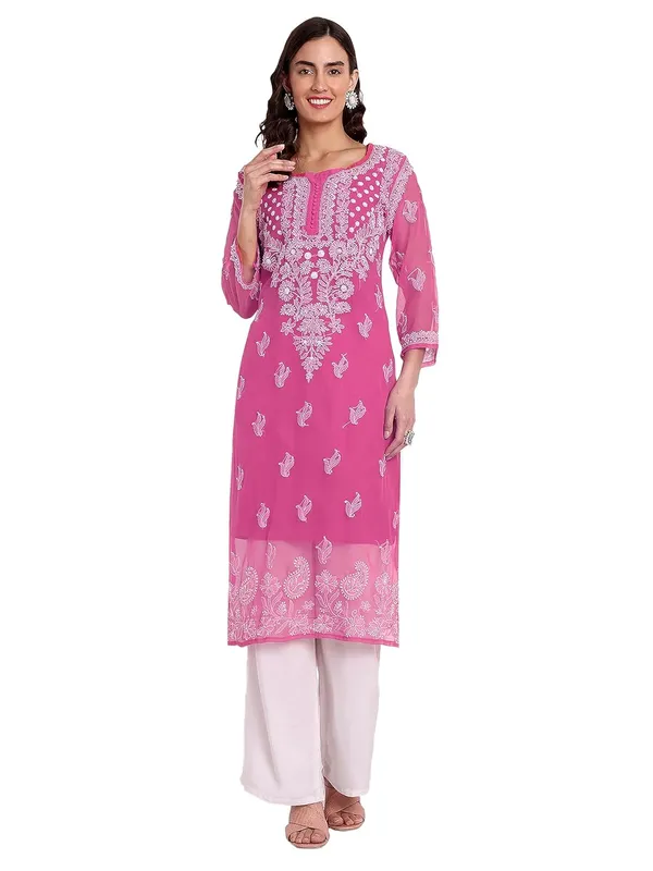 Fuchsia_Pink_Lucknow_Chikankari_Hand_Embroidered_Georgette_Kurta_With_Matching_Slip/Inner_Women_Georgette