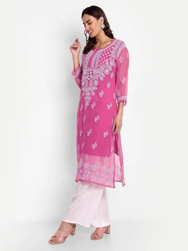 Fuchsia_Pink_Lucknow_Chikankari_Hand_Embroidered_Georgette_Kurta_With_Matching_Slip/Inner_Women_Georgette