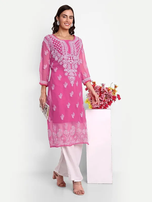 Fuchsia_Pink_Lucknow_Chikankari_Hand_Embroidered_Georgette_Kurta_With_Matching_Slip/Inner_Women_Georgette