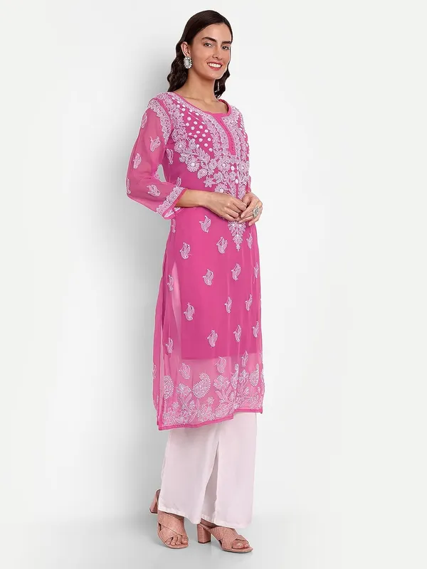 Fuchsia_Pink_Lucknow_Chikankari_Hand_Embroidered_Georgette_Kurta_With_Matching_Slip/Inner_Women_Georgette