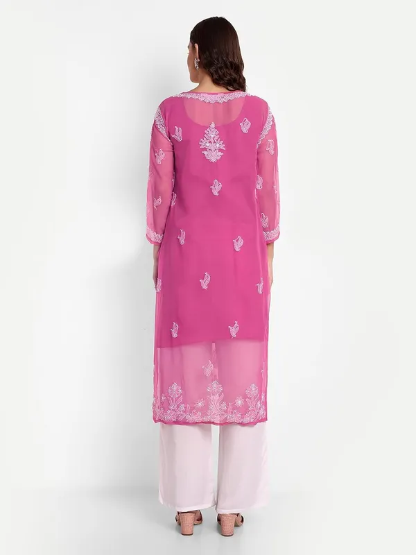 Fuchsia_Pink_Lucknow_Chikankari_Hand_Embroidered_Georgette_Kurta_With_Matching_Slip/Inner_Women_Georgette