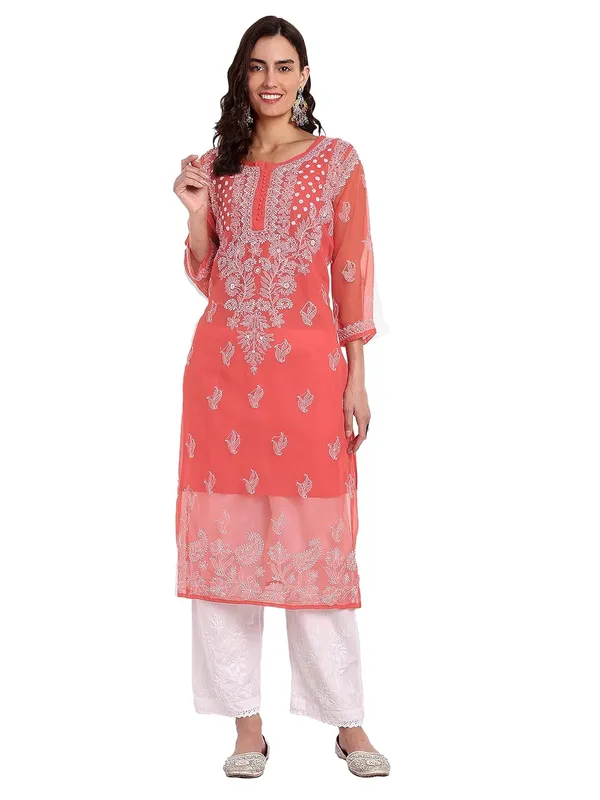 Ruby_Red_Lucknow_Chikankari_Hand_Embroidered_Georgette_Kurta_With_Matching_Slip/Inner_Women_Georgette