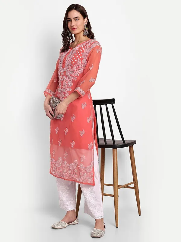Ruby_Red_Lucknow_Chikankari_Hand_Embroidered_Georgette_Kurta_With_Matching_Slip/Inner_Women_Georgette