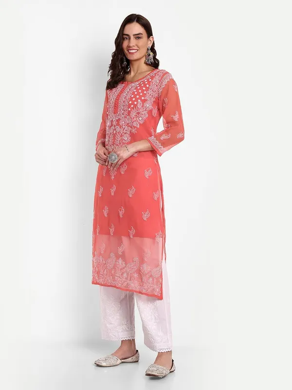 Ruby_Red_Lucknow_Chikankari_Hand_Embroidered_Georgette_Kurta_With_Matching_Slip/Inner_Women_Georgette
