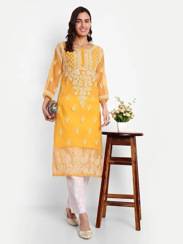 Mustard_Lucknow_Chikankari_Hand_Embroidered_Georgette_Kurta_With_Matching_Slip/Inner_Women_Georgette