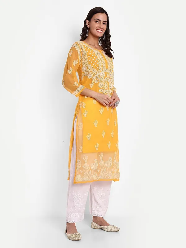 Mustard_Lucknow_Chikankari_Hand_Embroidered_Georgette_Kurta_With_Matching_Slip/Inner_Women_Georgette