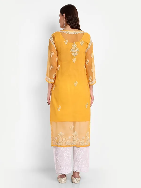 Mustard_Lucknow_Chikankari_Hand_Embroidered_Georgette_Kurta_With_Matching_Slip/Inner_Women_Georgette