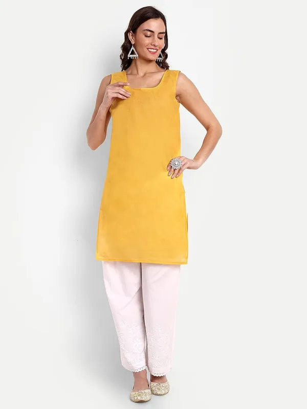 Mustard_Lucknow_Chikankari_Hand_Embroidered_Georgette_Kurta_With_Matching_Slip/Inner_Women_Georgette