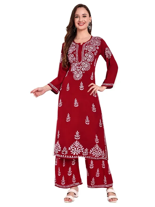 Maroon_Chikankari_Hand_Embroidered_Kurta_Palazzo_Co-Ord_Set_Rayon