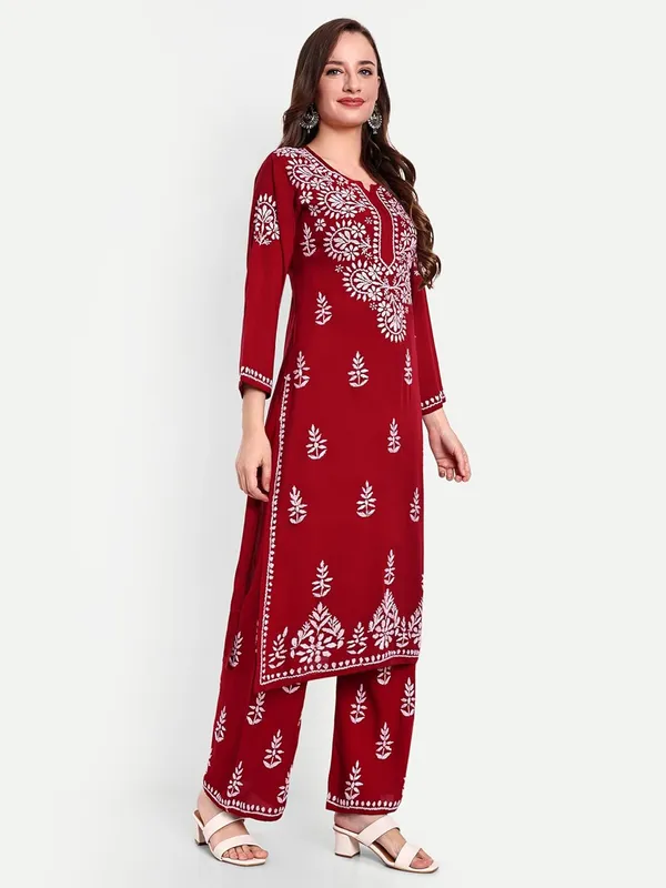 Maroon_Chikankari_Hand_Embroidered_Kurta_Palazzo_Co-Ord_Set_Rayon