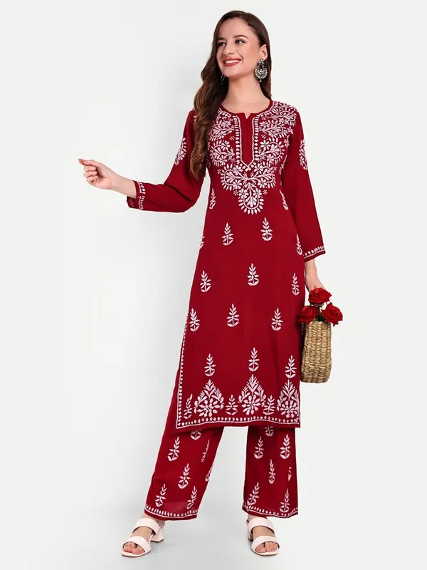 Maroon_Chikankari_Hand_Embroidered_Kurta_Palazzo_Co-Ord_Set_Rayon