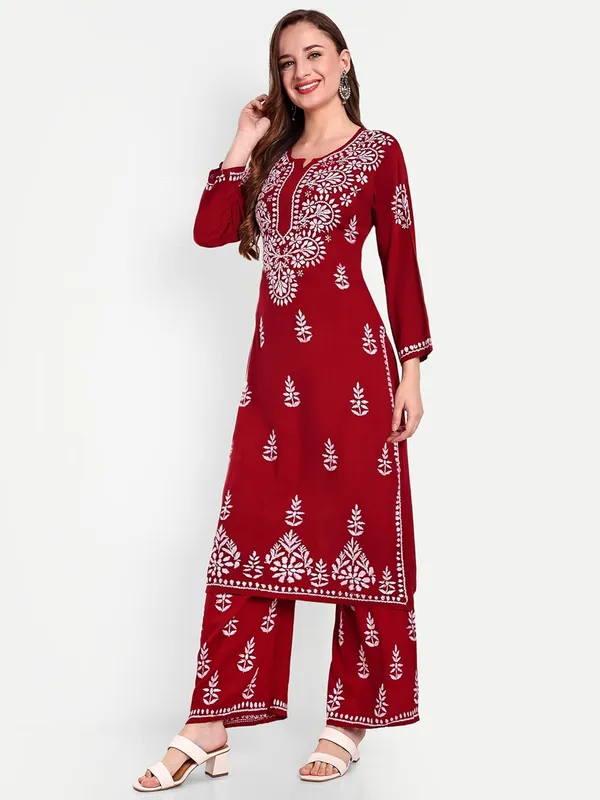 Maroon_Chikankari_Hand_Embroidered_Kurta_Palazzo_Co-Ord_Set_Rayon