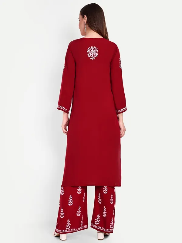 Maroon_Chikankari_Hand_Embroidered_Kurta_Palazzo_Co-Ord_Set_Rayon