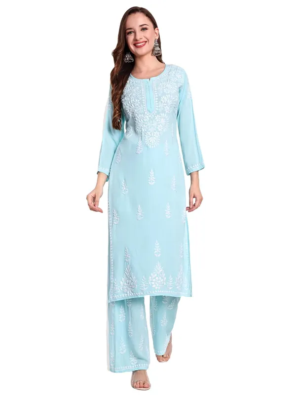 Sky_Blue_Chikankari_Hand_Embroidered_Kurta_Palazzo_Co-Ord_Set_Rayon