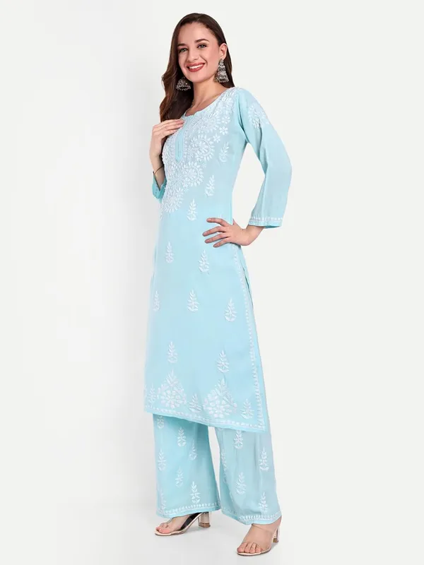 Sky_Blue_Chikankari_Hand_Embroidered_Kurta_Palazzo_Co-Ord_Set_Rayon