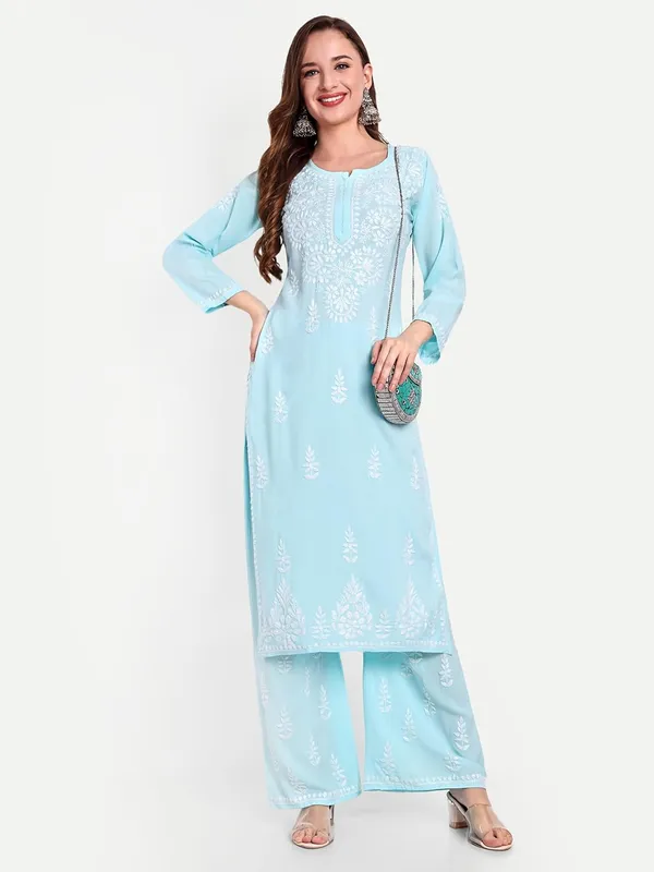 Sky_Blue_Chikankari_Hand_Embroidered_Kurta_Palazzo_Co-Ord_Set_Rayon