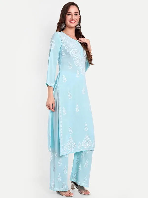 Sky_Blue_Chikankari_Hand_Embroidered_Kurta_Palazzo_Co-Ord_Set_Rayon