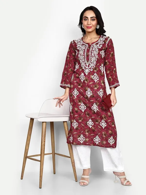 Maroon_Lucknow_Chikankari_Hand_Embroidered_Kurta_Women_Mulmul_Cotton