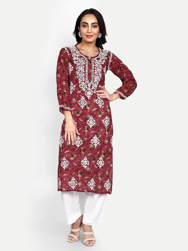Maroon_Lucknow_Chikankari_Hand_Embroidered_Kurta_Women_Mulmul_Cotton