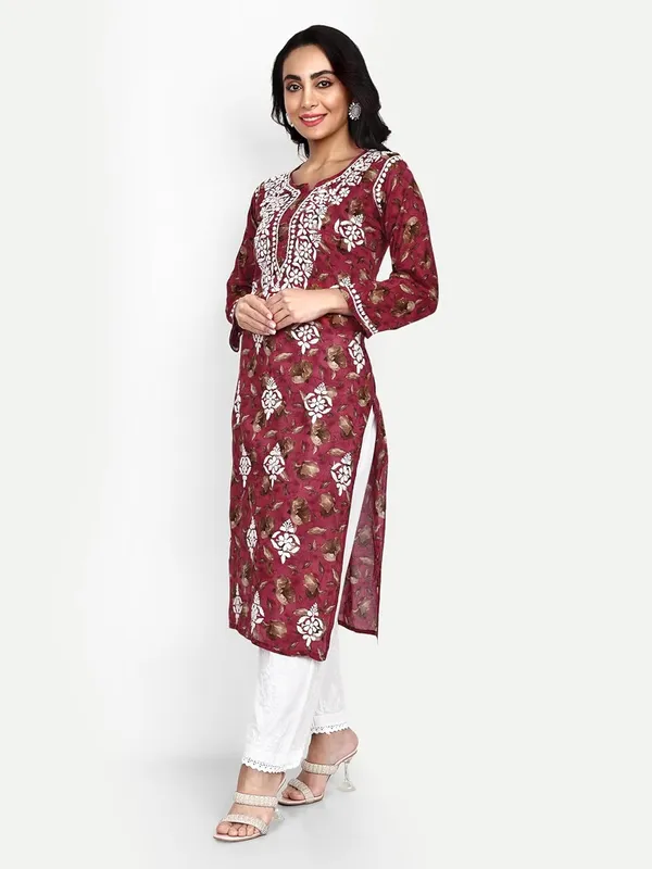 Maroon_Lucknow_Chikankari_Hand_Embroidered_Kurta_Women_Mulmul_Cotton