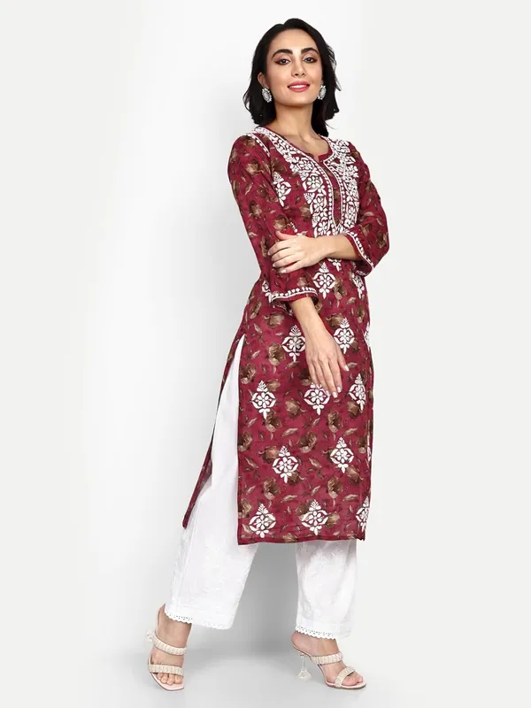 Maroon_Lucknow_Chikankari_Hand_Embroidered_Kurta_Women_Mulmul_Cotton