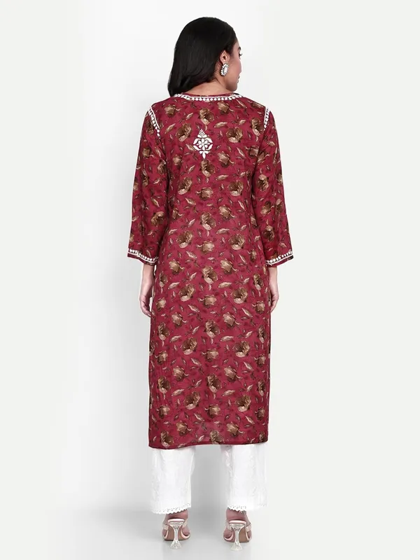 Maroon_Lucknow_Chikankari_Hand_Embroidered_Kurta_Women_Mulmul_Cotton
