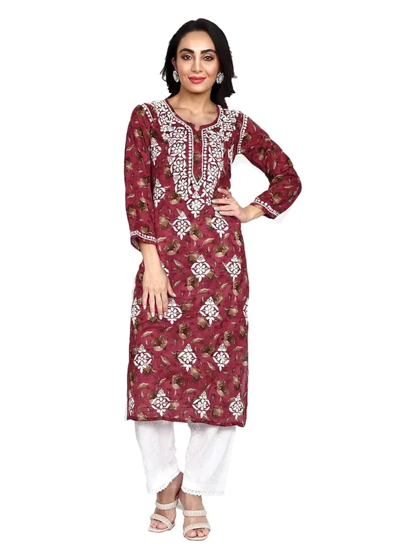 Maroon_Lucknow_Chikankari_Hand_Embroidered_Kurta_Women_Mulmul_Cotton