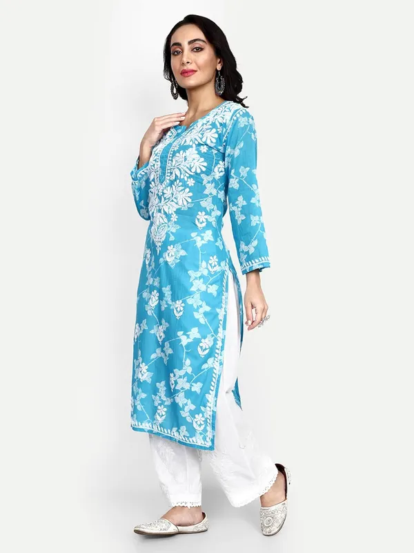 Bright_Blue_Lucknow_Chikankari_Hand_Embroidered_Kurta_Women_Mulmul_Cotton
