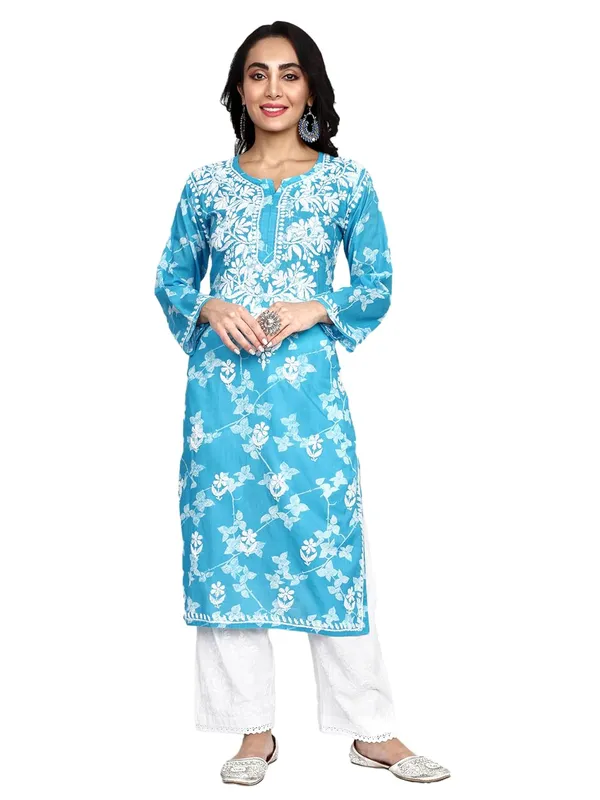 Bright_Blue_Lucknow_Chikankari_Hand_Embroidered_Kurta_Women_Mulmul_Cotton