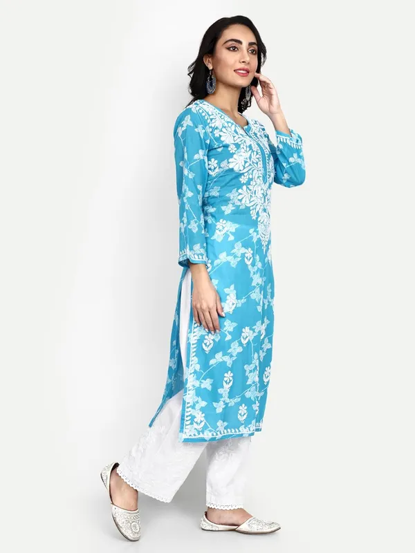 Bright_Blue_Lucknow_Chikankari_Hand_Embroidered_Kurta_Women_Mulmul_Cotton