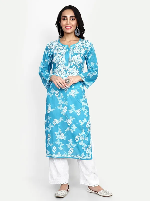 Bright_Blue_Lucknow_Chikankari_Hand_Embroidered_Kurta_Women_Mulmul_Cotton