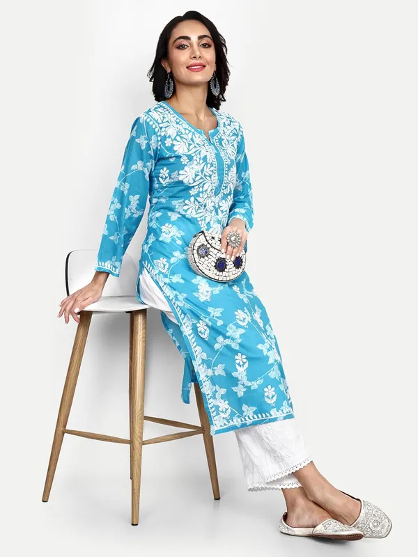 Bright_Blue_Lucknow_Chikankari_Hand_Embroidered_Kurta_Women_Mulmul_Cotton