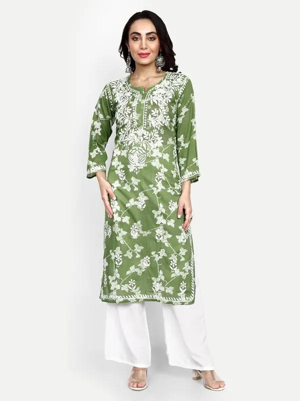 Forest_Green_Lucknow_Chikankari_Hand_Embroidered_Kurta_Women_Mulmul_Cotton