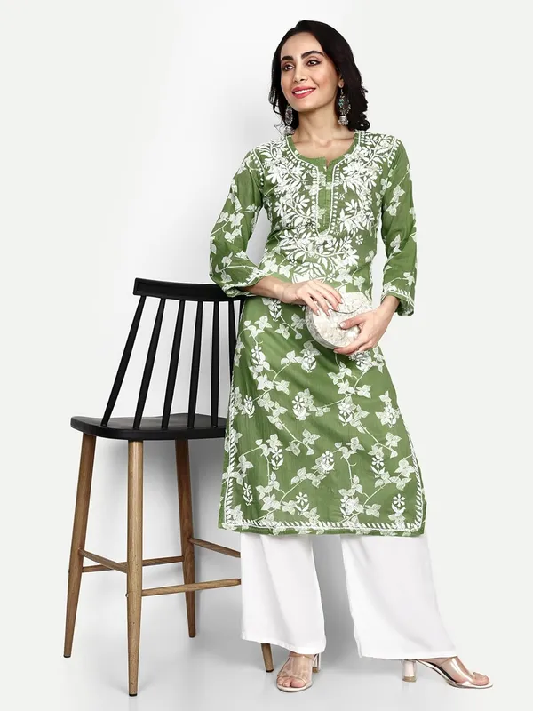 Forest_Green_Lucknow_Chikankari_Hand_Embroidered_Kurta_Women_Mulmul_Cotton