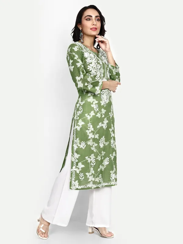 Forest_Green_Lucknow_Chikankari_Hand_Embroidered_Kurta_Women_Mulmul_Cotton