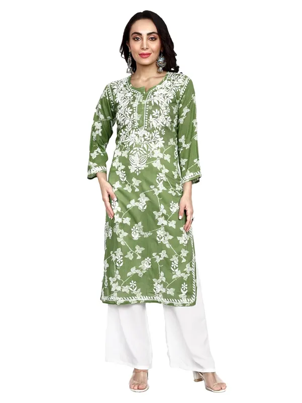 Forest_Green_Lucknow_Chikankari_Hand_Embroidered_Kurta_Women_Mulmul_Cotton